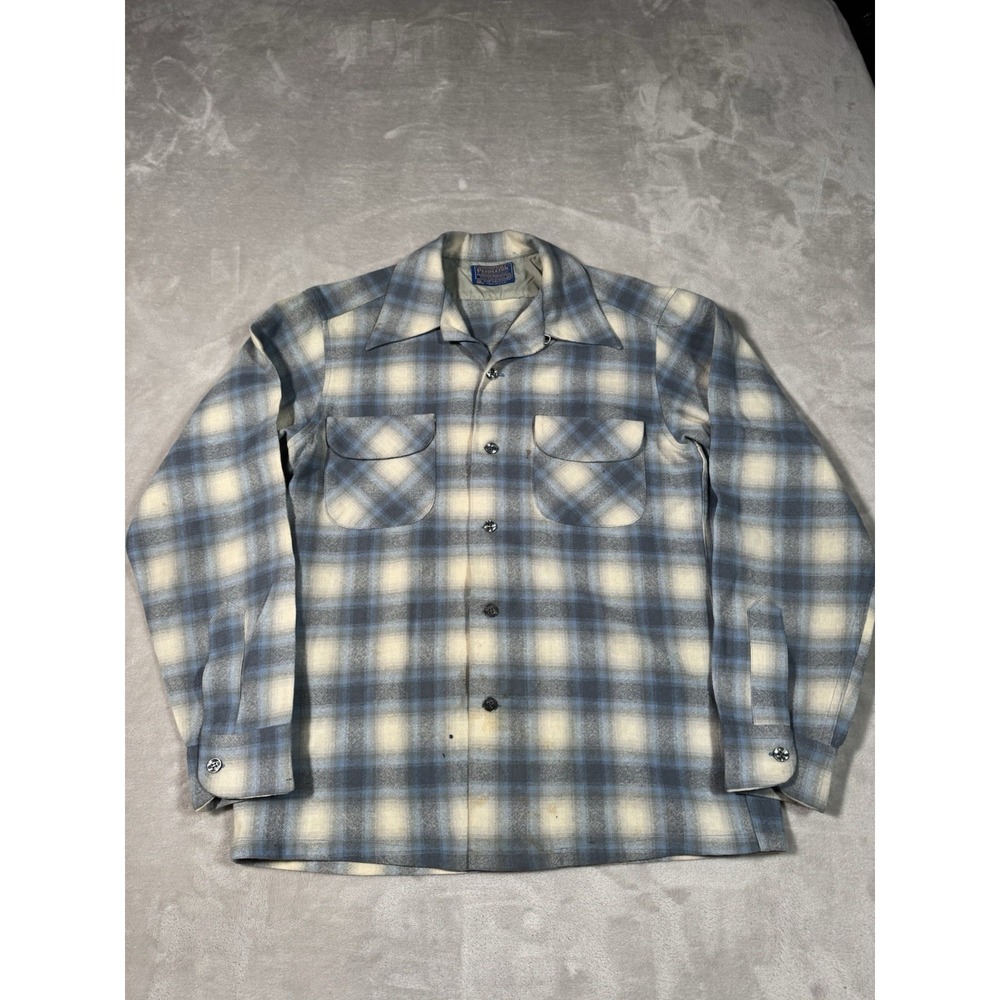 Vintage 60s 70s Pendelton Board Shirt Mens Medium Blue Shadow Plaid Rare